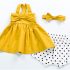 Yellow Mustard Bow Knot Back Shirring Detail Swing Dress Clothes Set fashionable Girls Outfit